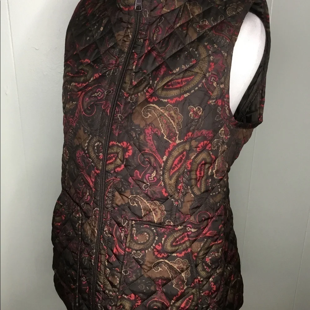 J Jill Black & Burgundy Paisley Quilted Fall Winter Spring Zip Up Vest XSP